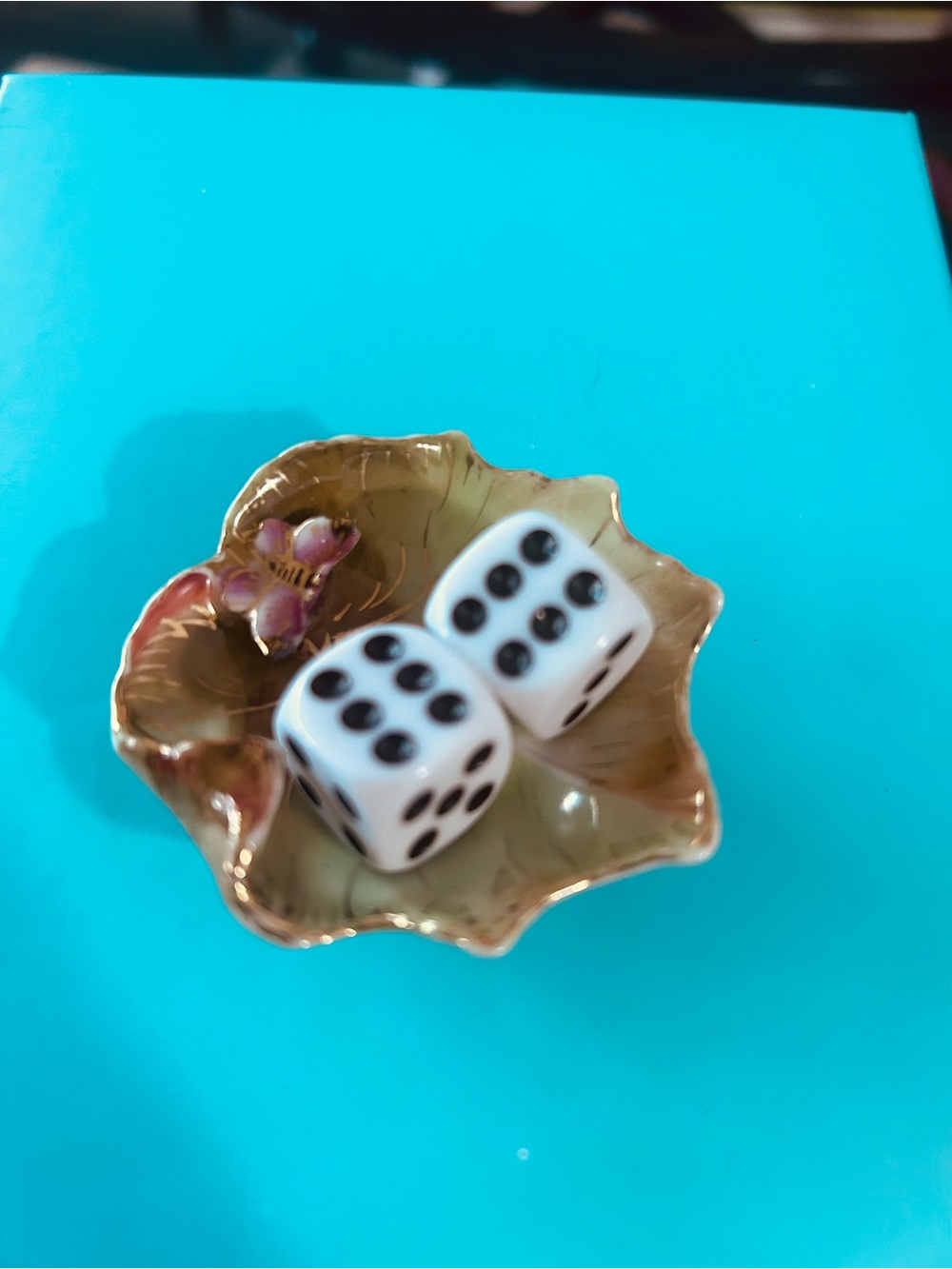 Mah Jong dice dish, beautiful porcelain leaf with gold accents